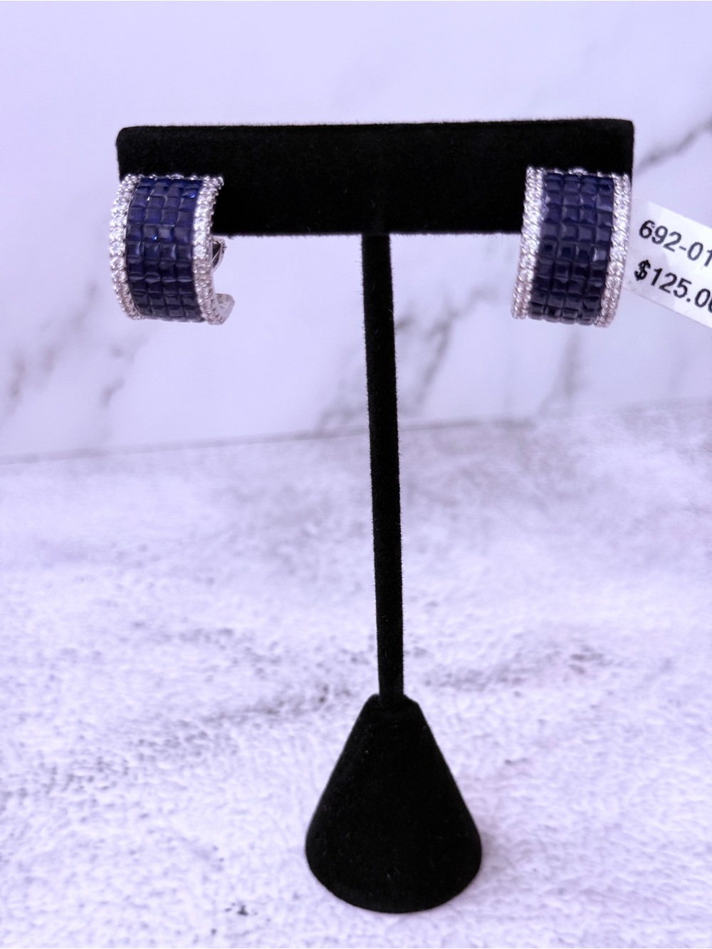 Classic pierced Cz sapphire colored Hoop Earrings with white Cz GP silver